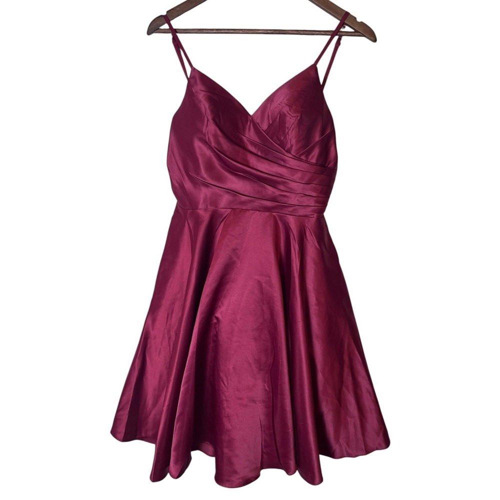 May Queen Couture Burgundy Satin Pleated Cockail Dress 8 NWTFaux Wrap Flare
